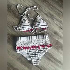 Women's High Waist Two Pieces Bikini Set Halter Straps Tassel Swimsuit